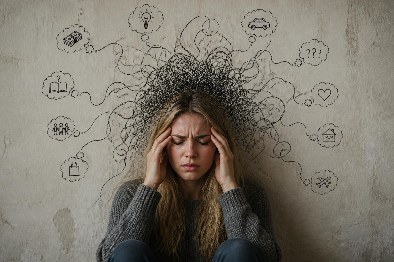 Adult at a desk with a glowing holographic brain and scattered thoughts, representing ADHD attention overload